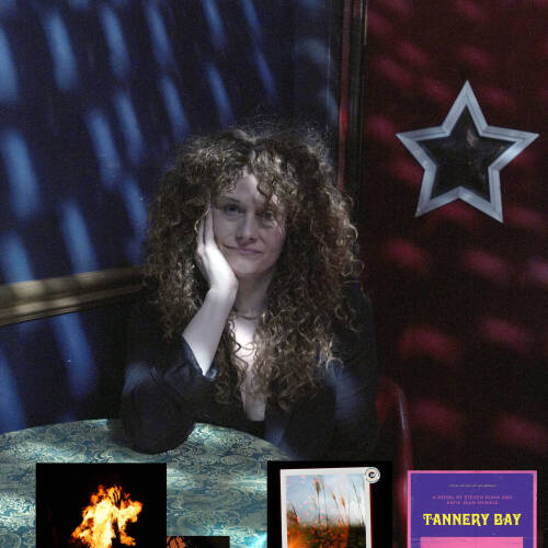 Katie Shinkle Jean has long, curly hair. She is pictured with the covers of three of her works, The Arson People, None of This is an Invitation, and Tannery Bay.